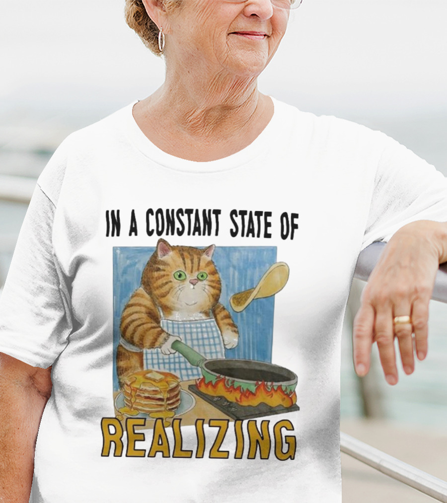 In A Constant State Of Realizing Cat Cooking Pancakes Flame Pan T-Shirt