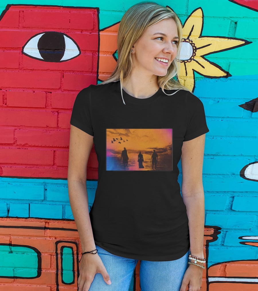 Sun Came Up Sofi Tukker Silhouettes Walking At Sunrise With Birds On Colorful Horizon T-Shirt