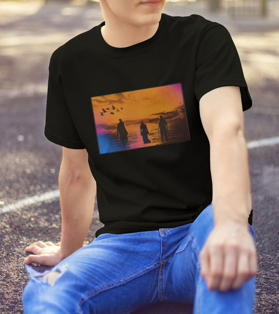 Sun Came Up Sofi Tukker Silhouettes Walking At Sunrise With Birds On Colorful Horizon T-Shirt