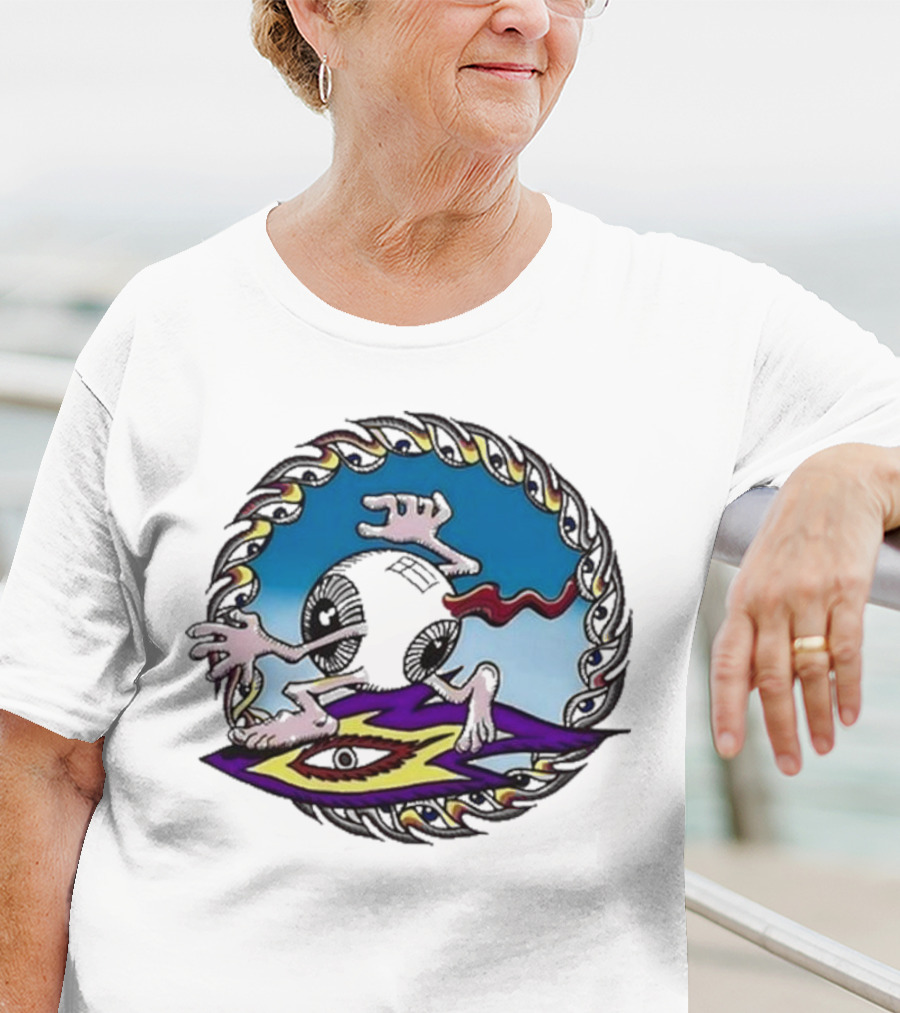 Spiral Eye Surfing Disc With Hands And Vibrant T-Shirt