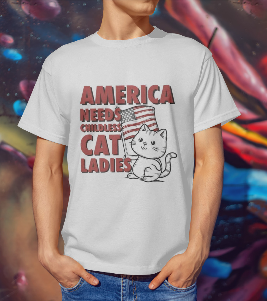 America Needs Childless Cat Ladies Cat With American Flag T-Shirt