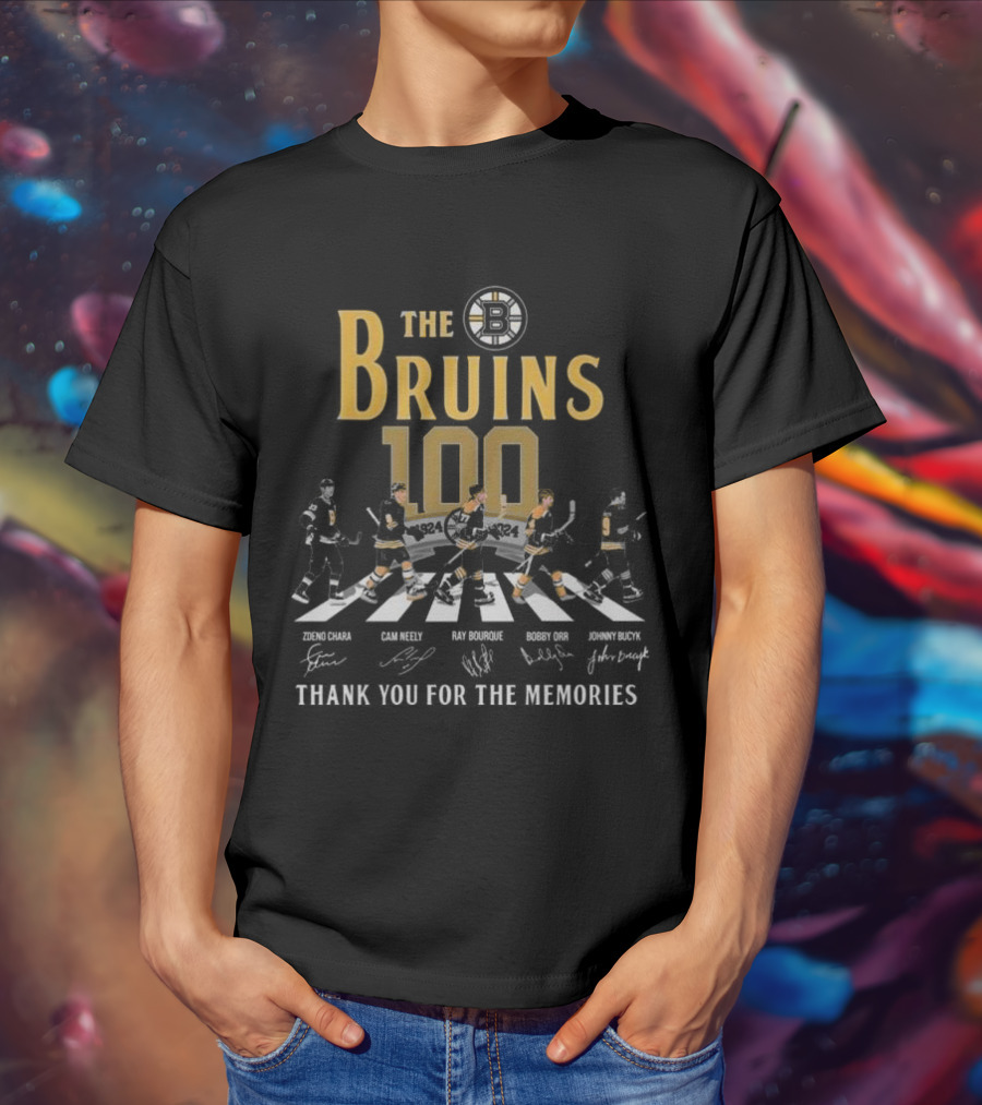 The Bruins 100 1924 Thank You For The Memories Zdeno Chara Cam Neely Ray Bourque Bobby Orr Johnny Bucyk Signatures T-Shirt