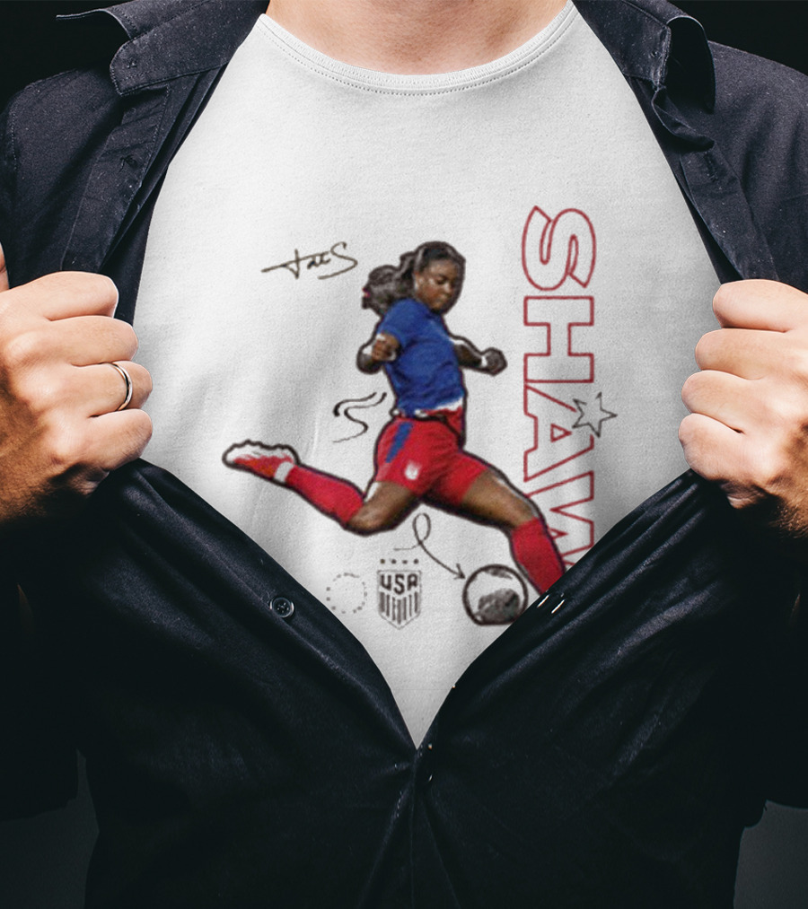 USWNT Jaedyn Shaw Signature Red And Blue Action Pose With Star T-Shirt