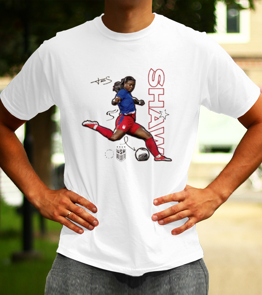 USWNT Jaedyn Shaw Signature Red And Blue Action Pose With Star T-Shirt