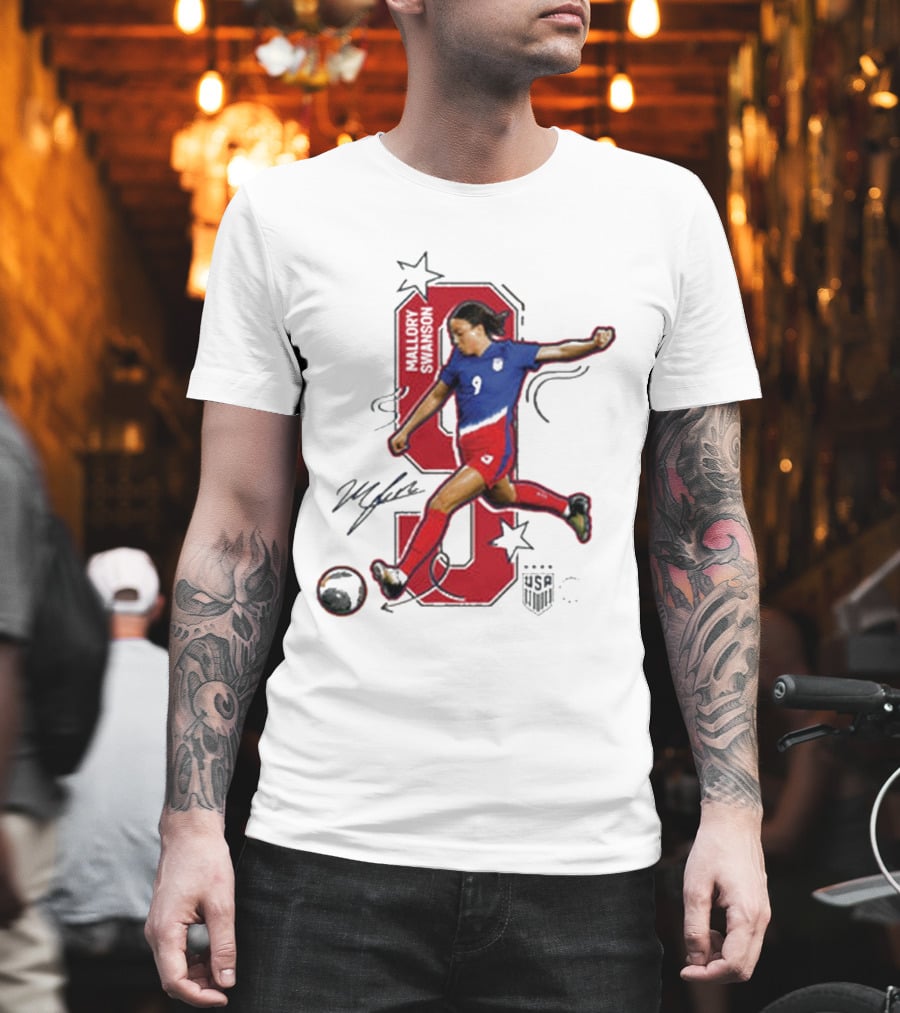 Mallory Swanson Number 9 USWNT Signature Red And Blue Player Action T-Shirt