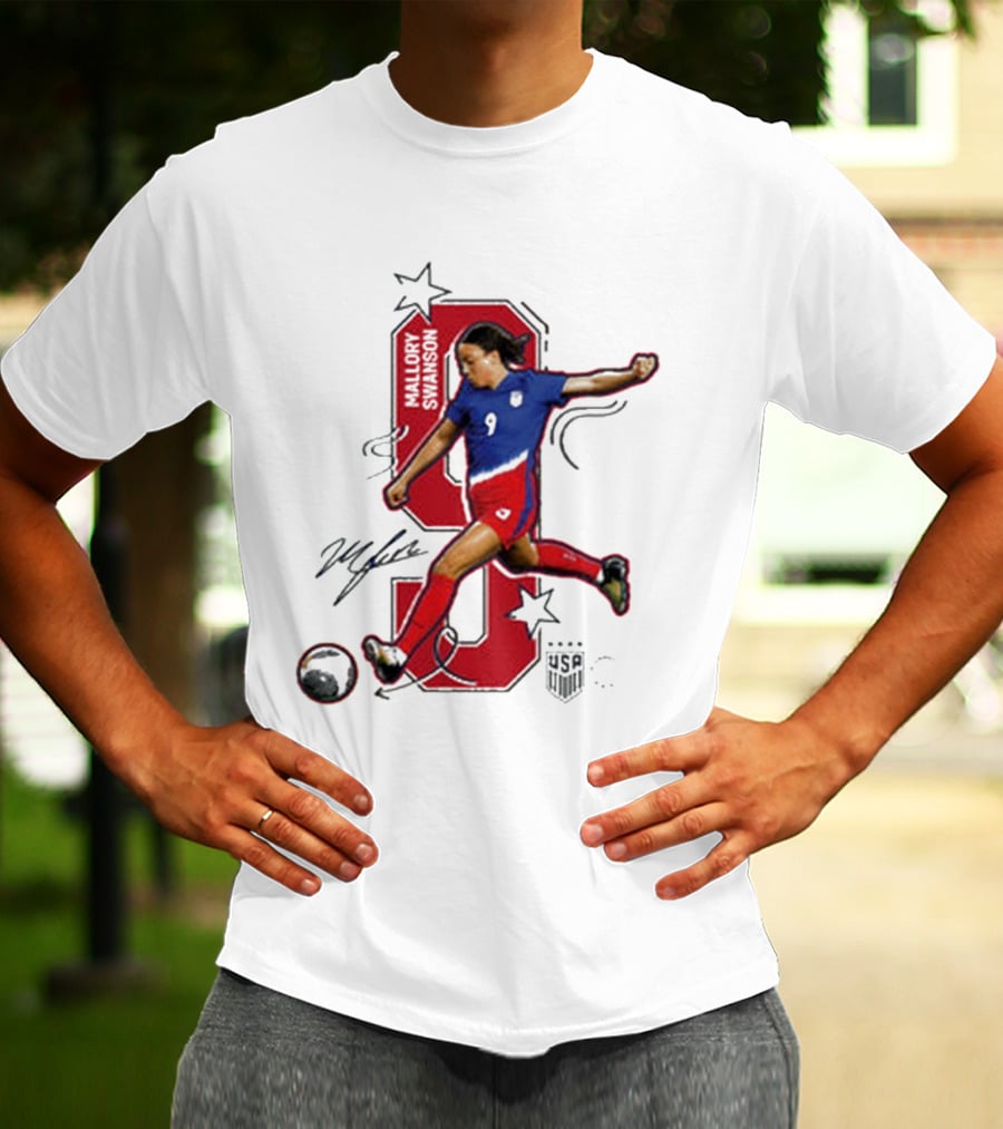 Mallory Swanson Number 9 USWNT Signature Red And Blue Player Action T-Shirt