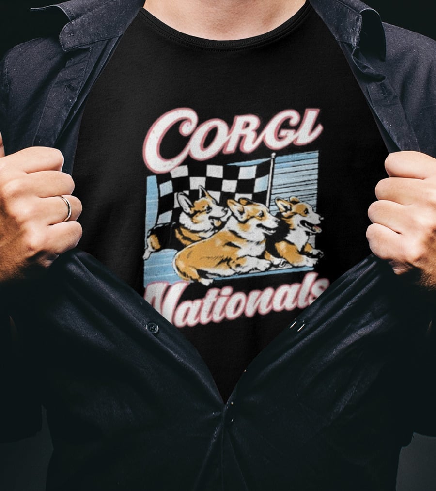 Corgi Nationals Racing Dogs With Checkered Flag T-Shirt