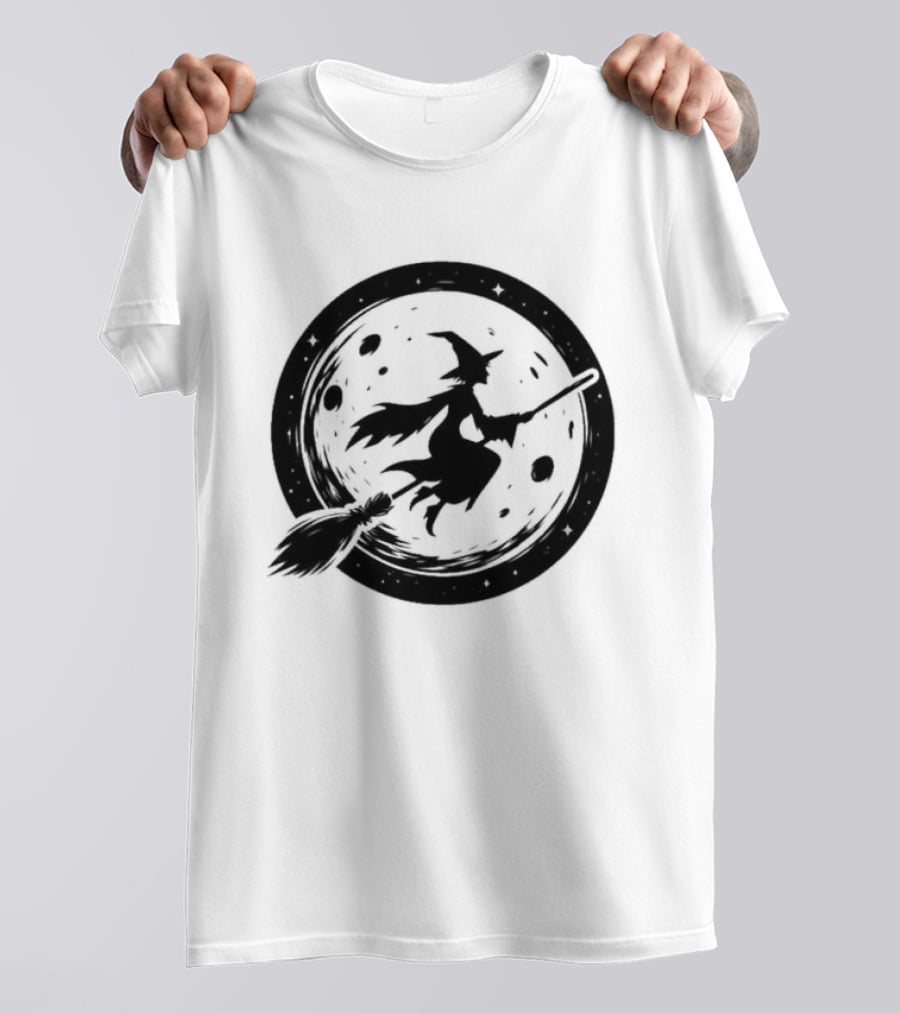 Spooky Halloween Witch Flying Across Full Moon Night T-Shirt