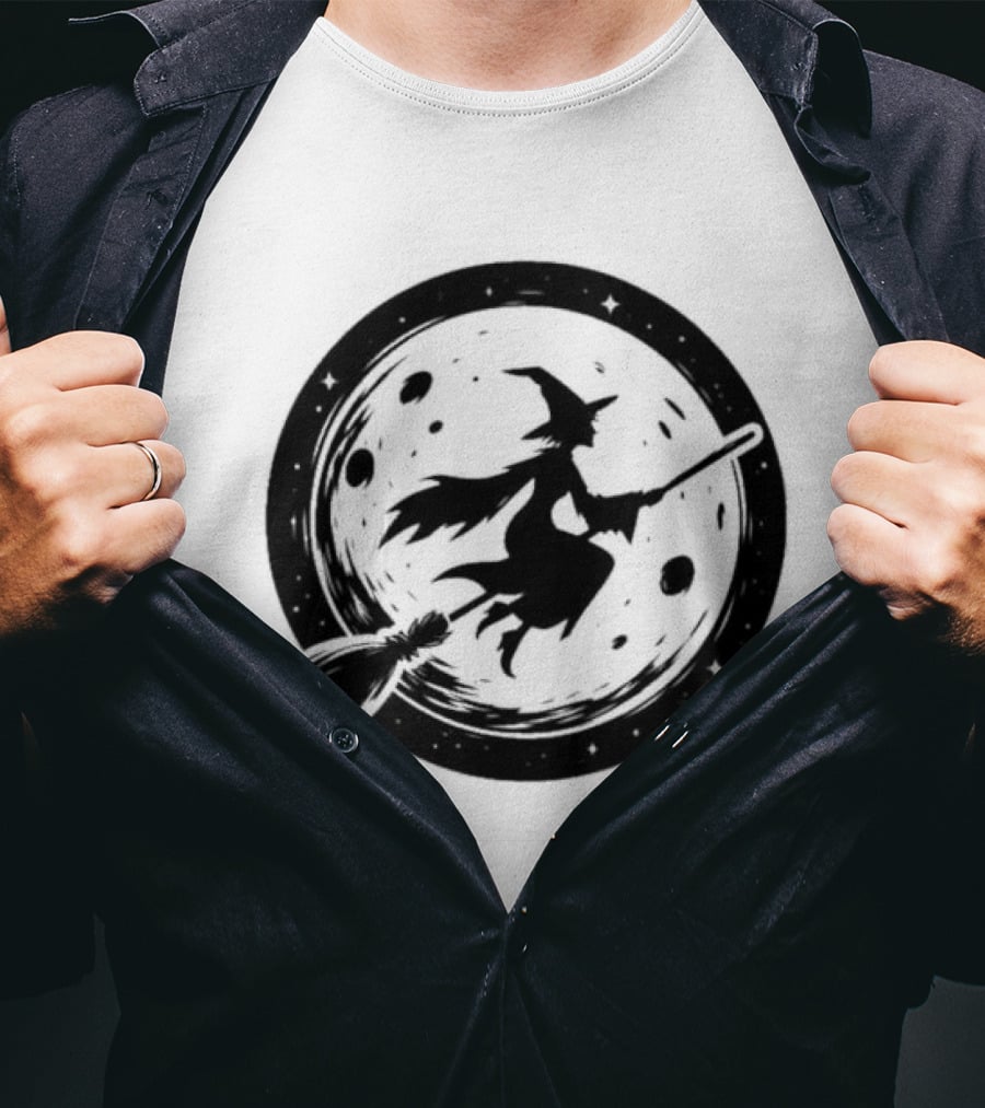 Spooky Halloween Witch Flying Across Full Moon Night T-Shirt