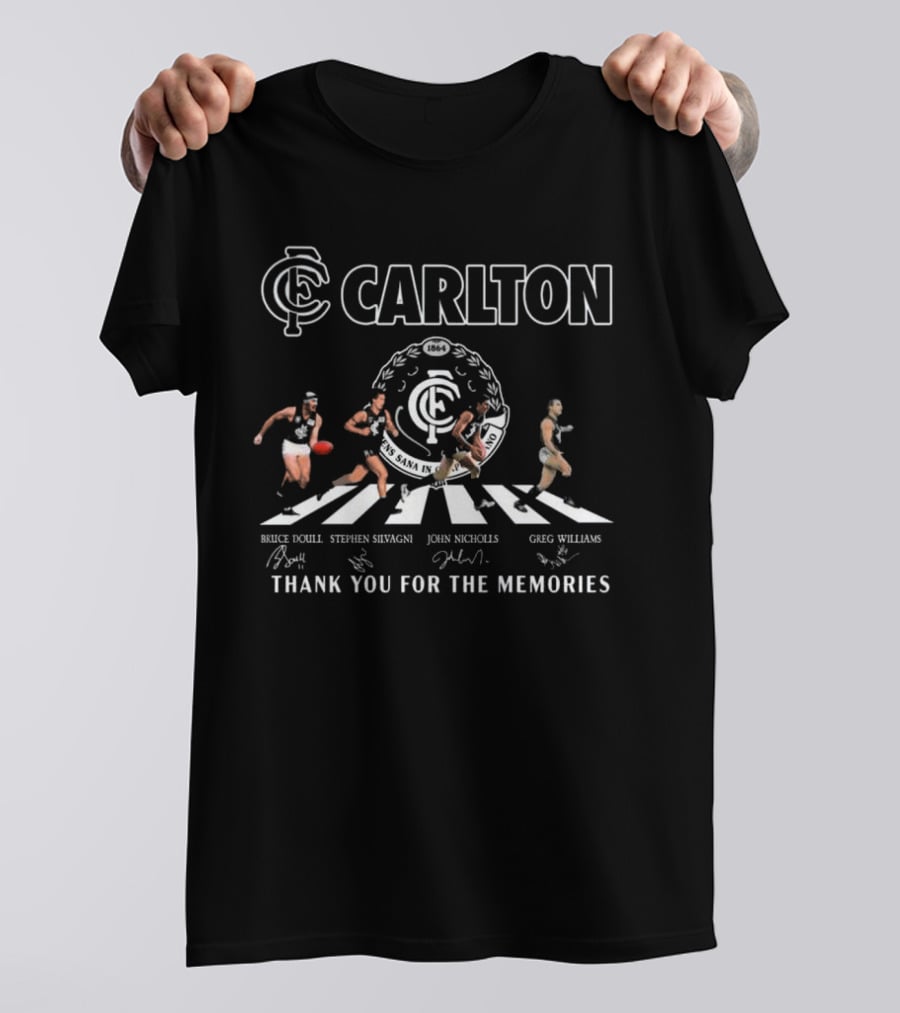 Carlton Blues AFL Thank You For The Memories Abbey Road Bruce Doull Stephen Silvagni John Nicholls Greg Williams Signatures T-Shirt