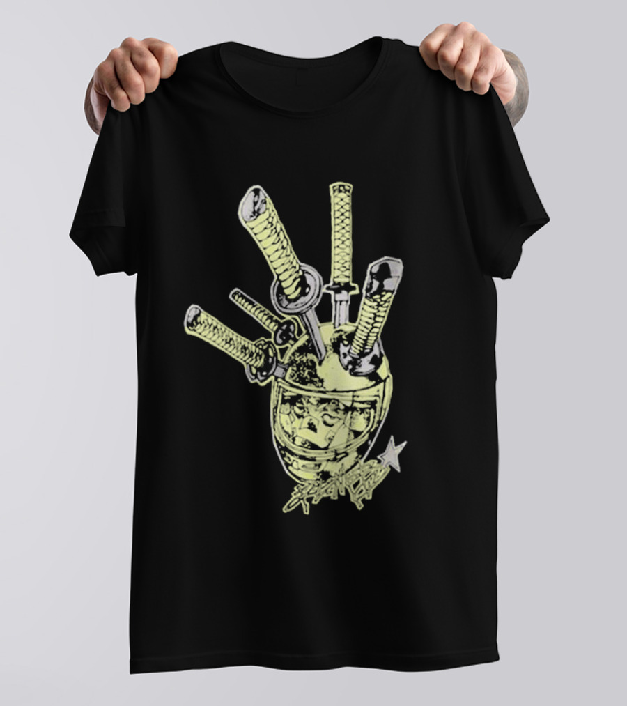 Oremob Katana Helmet Graphic With Star And Japanese Characters T-Shirt