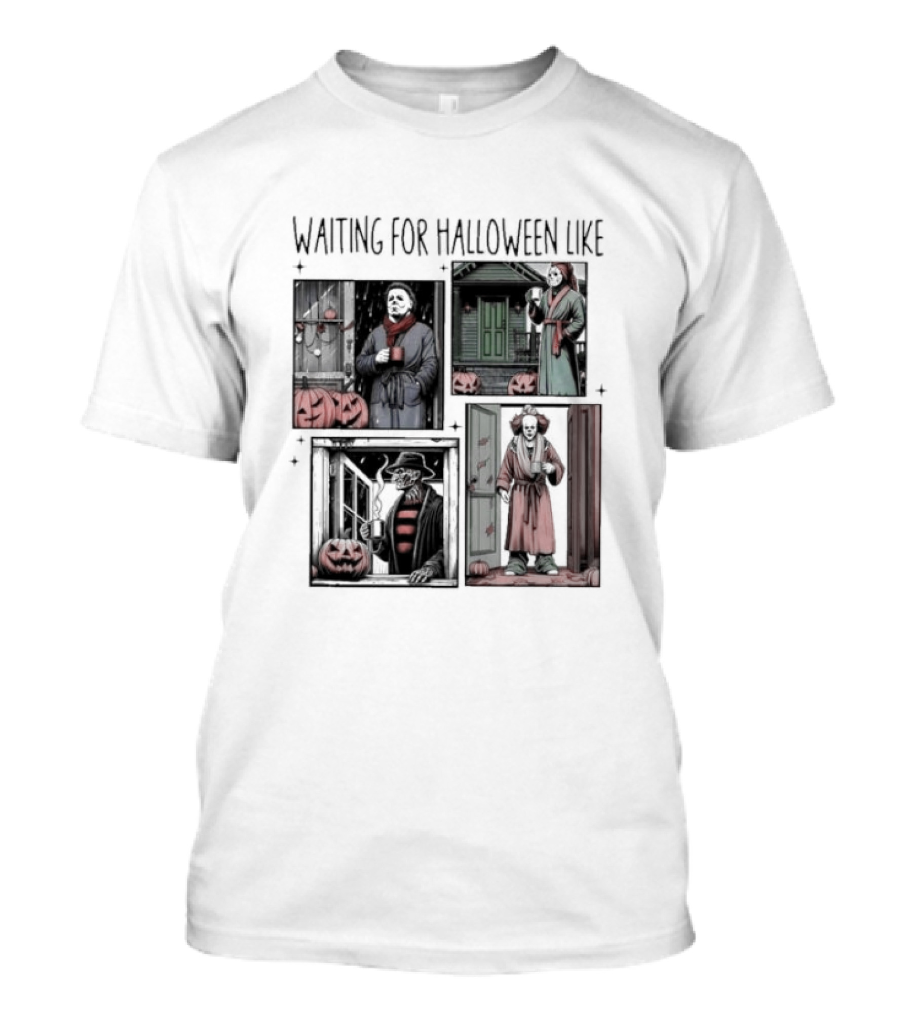 Waiting For Halloween Like Horror Movie Characters With Pumpkins And Costumes T-Shirt