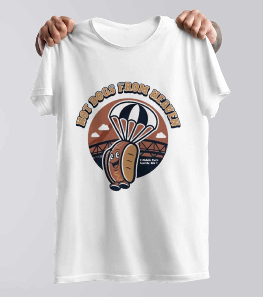 Hot Dogs From Heaven Parachuting Cartoon Bridge Scene T-Shirt