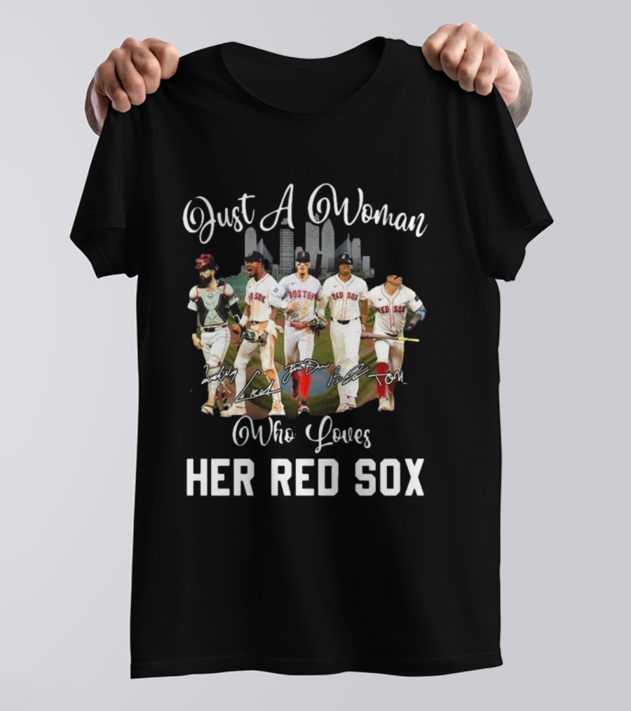 Just A Woman Who Loves Her Red Sox Team Signatures Boston City Skyline T-Shirt