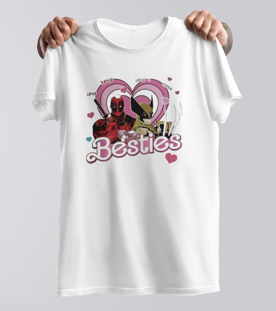 Deadpool Wolverine Love Hearts Besties Cute Friends T-Shirt