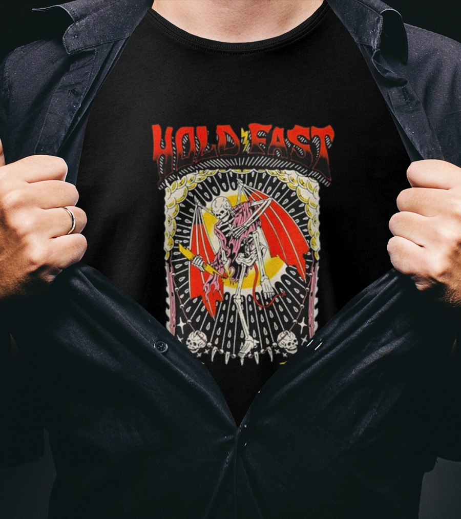 HOLD FAST Skeleton With Red Wings And Halo Rock Band T-Shirt