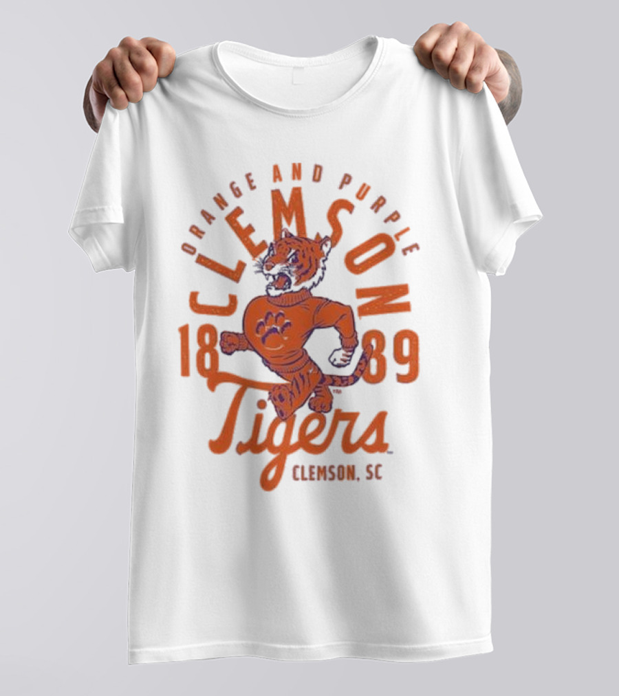 Clemson Tigers Orange And Purple Mascot Overlay 1889 Clemson SC T-Shirt