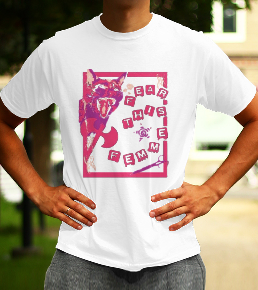 Fear This Femme Cat And Axe Retro Typography Pink Acid Wash T-Shirt