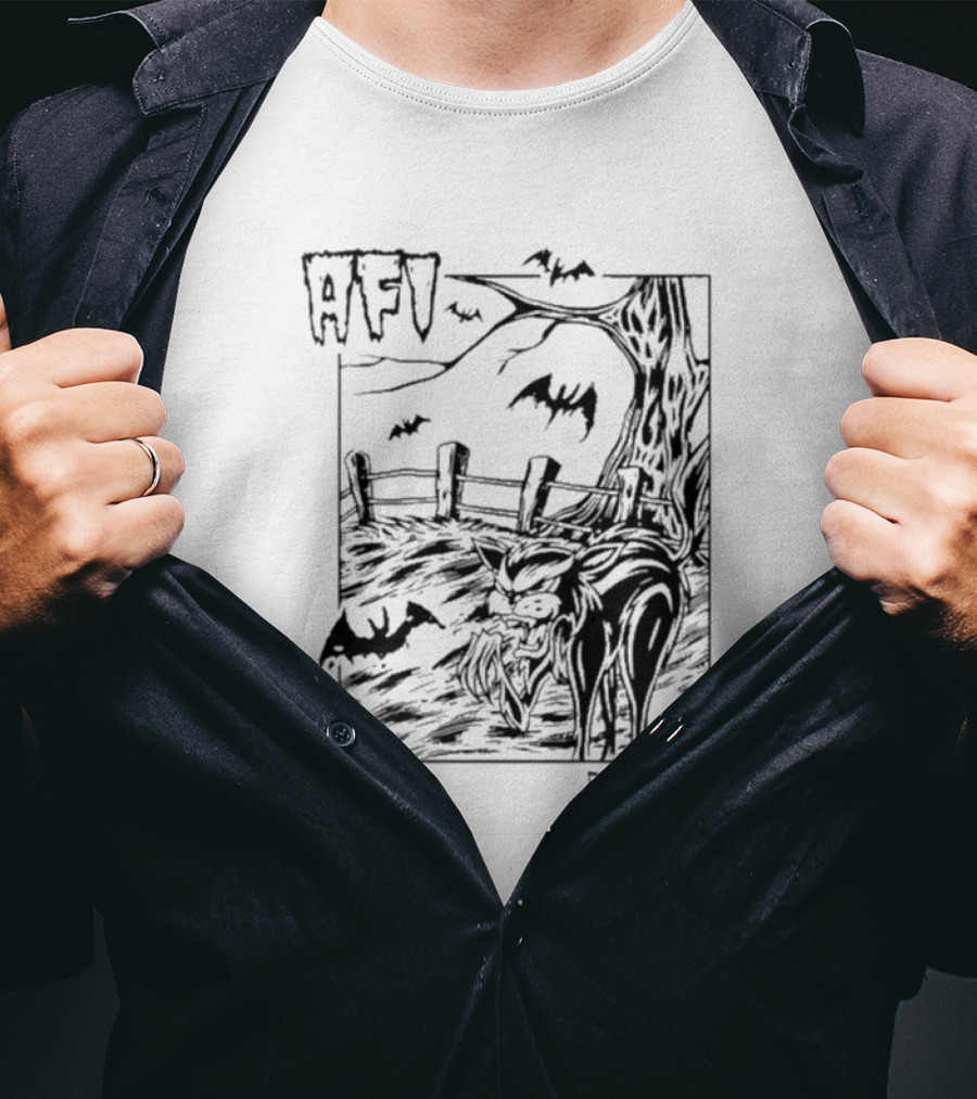 AFI All Hallows Black Cat And Bats In Spooky Landscape T-Shirt