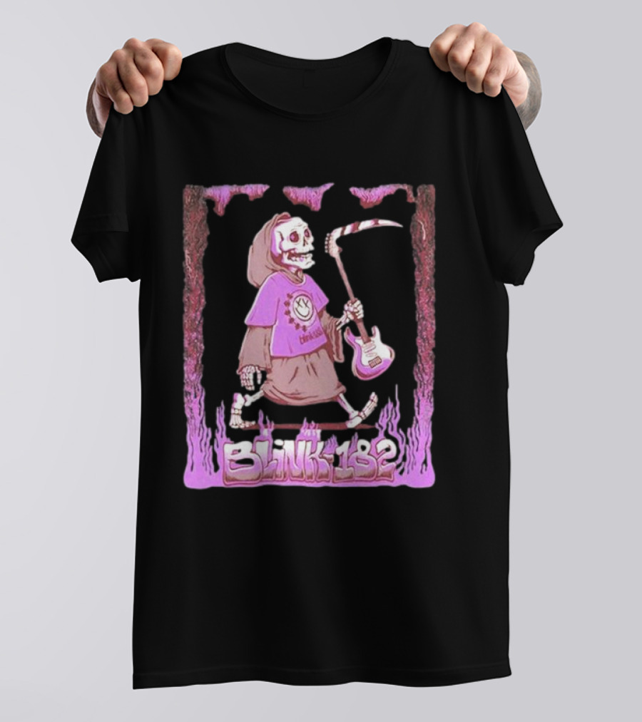 Blink-182 Grim Reaper Skeleton With Guitar Flame Border T-Shirt
