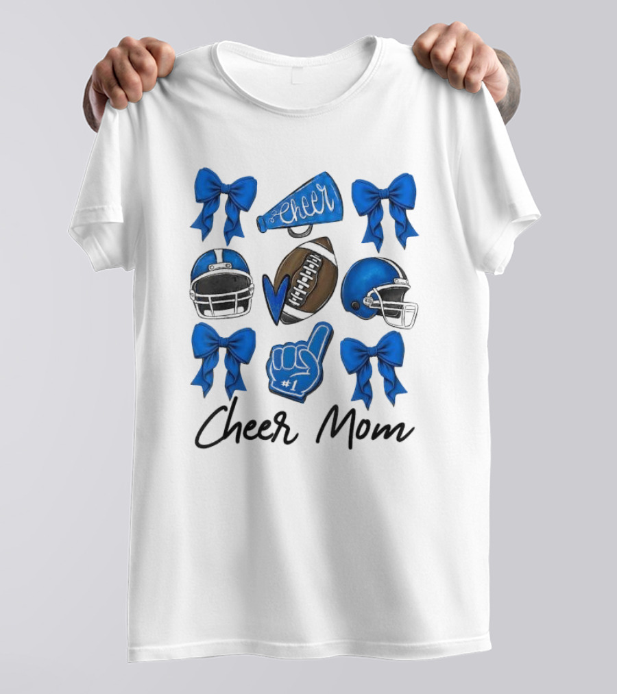 Cheer Mom Era Pom Cheer Leopard Football Coquette Bow Blue T-Shirt