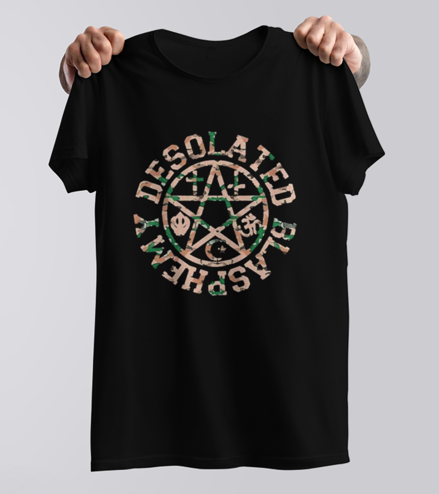 Desolated Blasphemy Pentagram With Religious Symbols T-Shirt