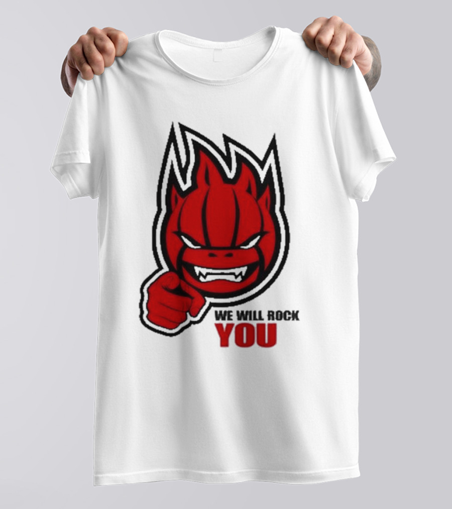 Sir Safety Perugia We Will Rock You Red Flame Character With Pointing Finger T-Shirt