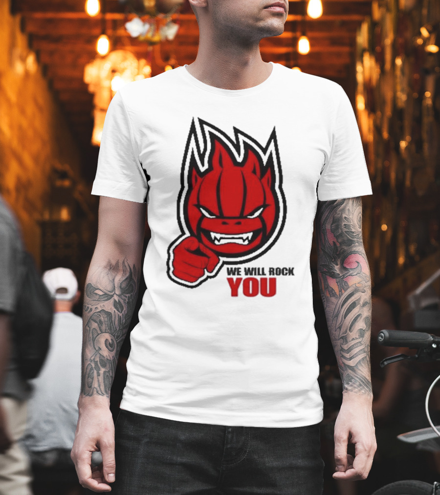 Sir Safety Perugia We Will Rock You Red Flame Character With Pointing Finger T-Shirt