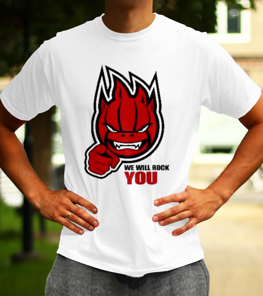 Sir Safety Perugia We Will Rock You Red Flame Character With Pointing Finger T-Shirt