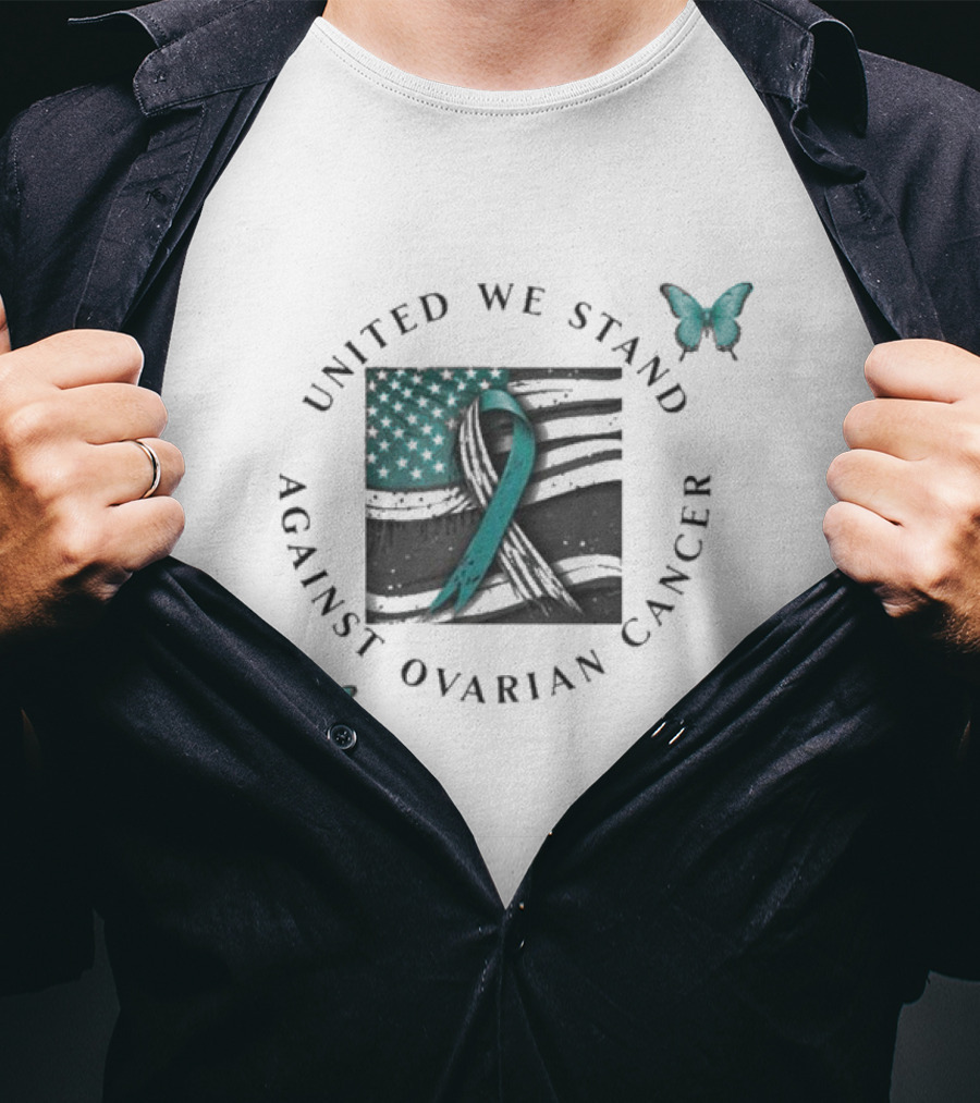United We Stand Against Ovarian Cancer Ribbon American Flag Butterfly T-Shirt