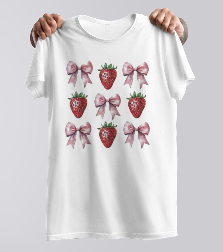 Women’s Summer Strawberries With Pink Bows Coquette T-Shirt