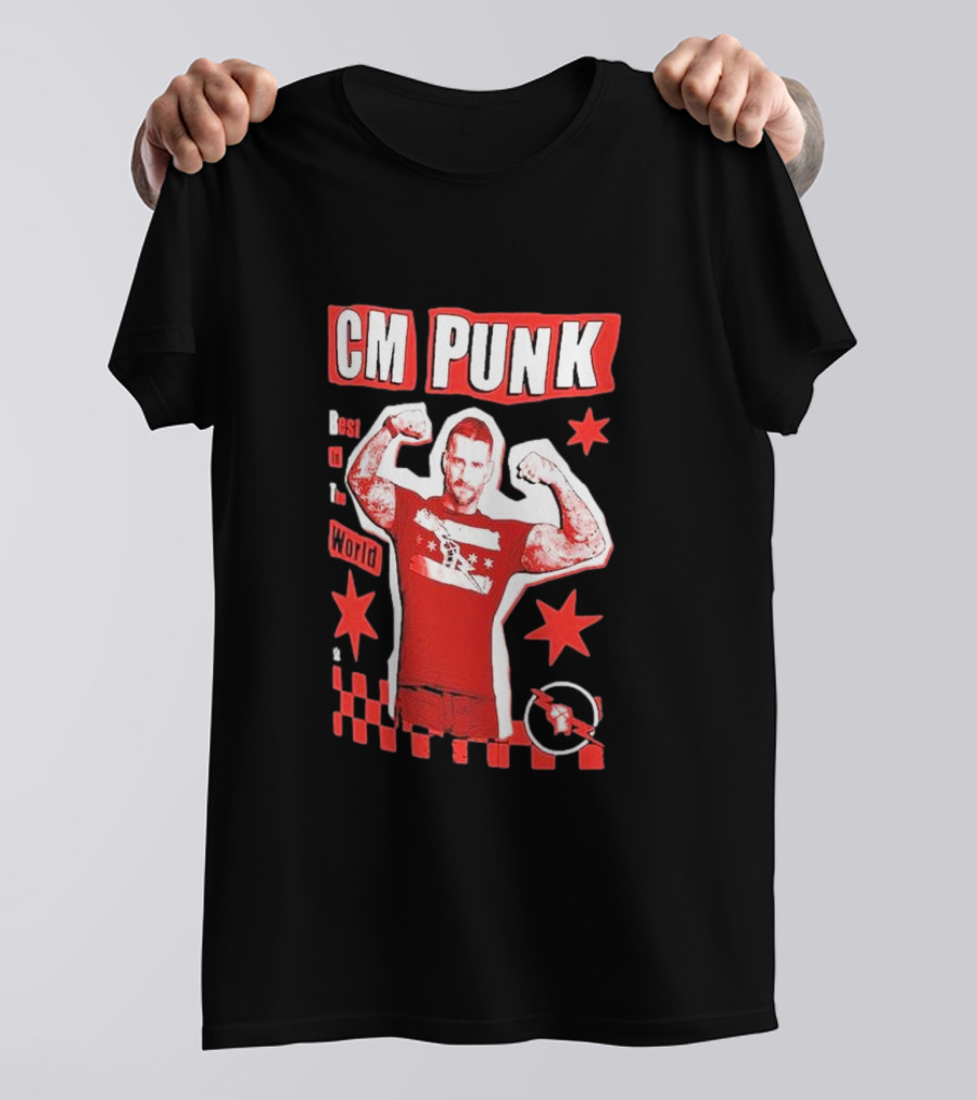 CM Punk Best In The World Star Power Flex Pose Red Stars Checker T-Shirt