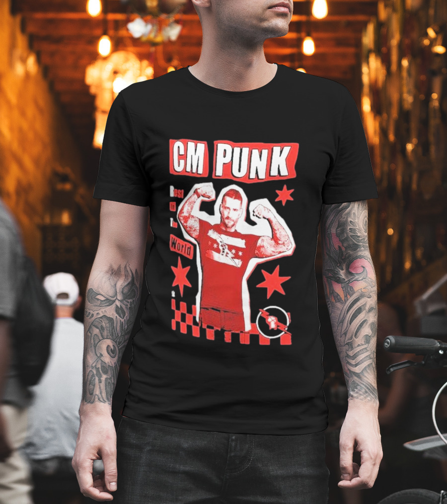 CM Punk Best In The World Star Power Flex Pose Red Stars Checker T-Shirt