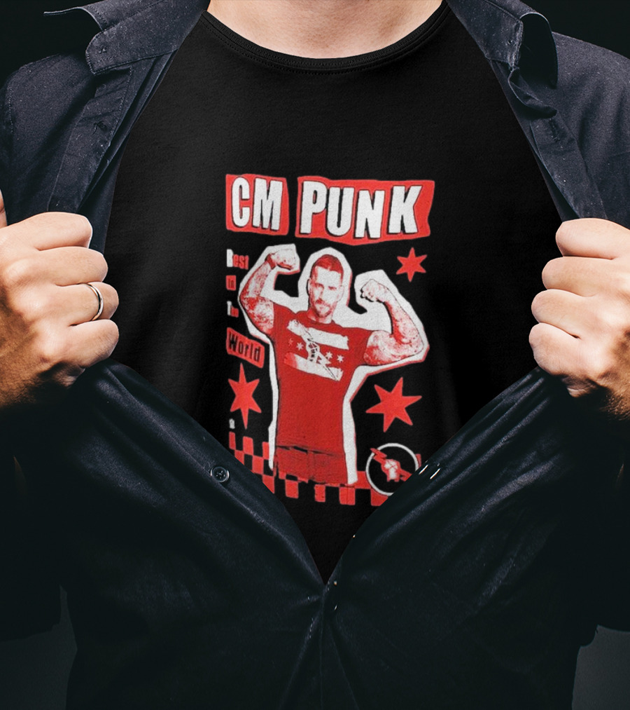 CM Punk Best In The World Star Power Flex Pose Red Stars Checker T-Shirt