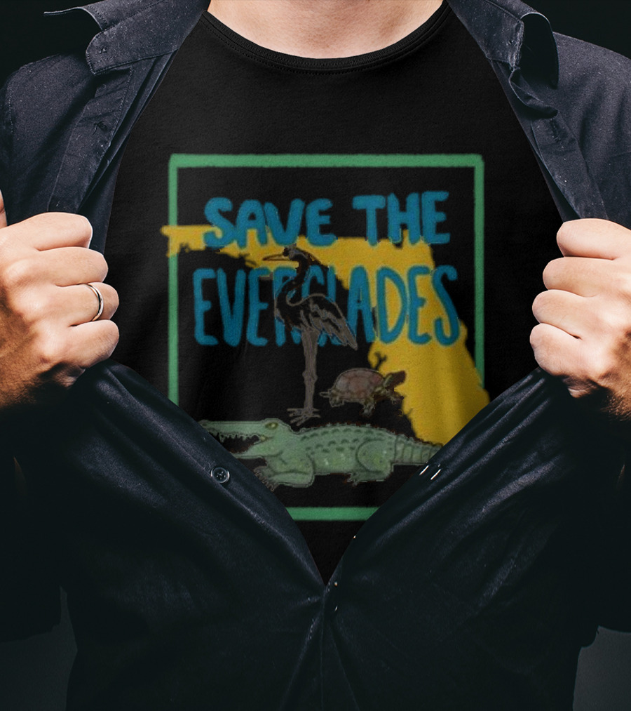 Gators Daily Save The Everglades Florida Map With Alligator, Heron, And Turtle T-Shirt