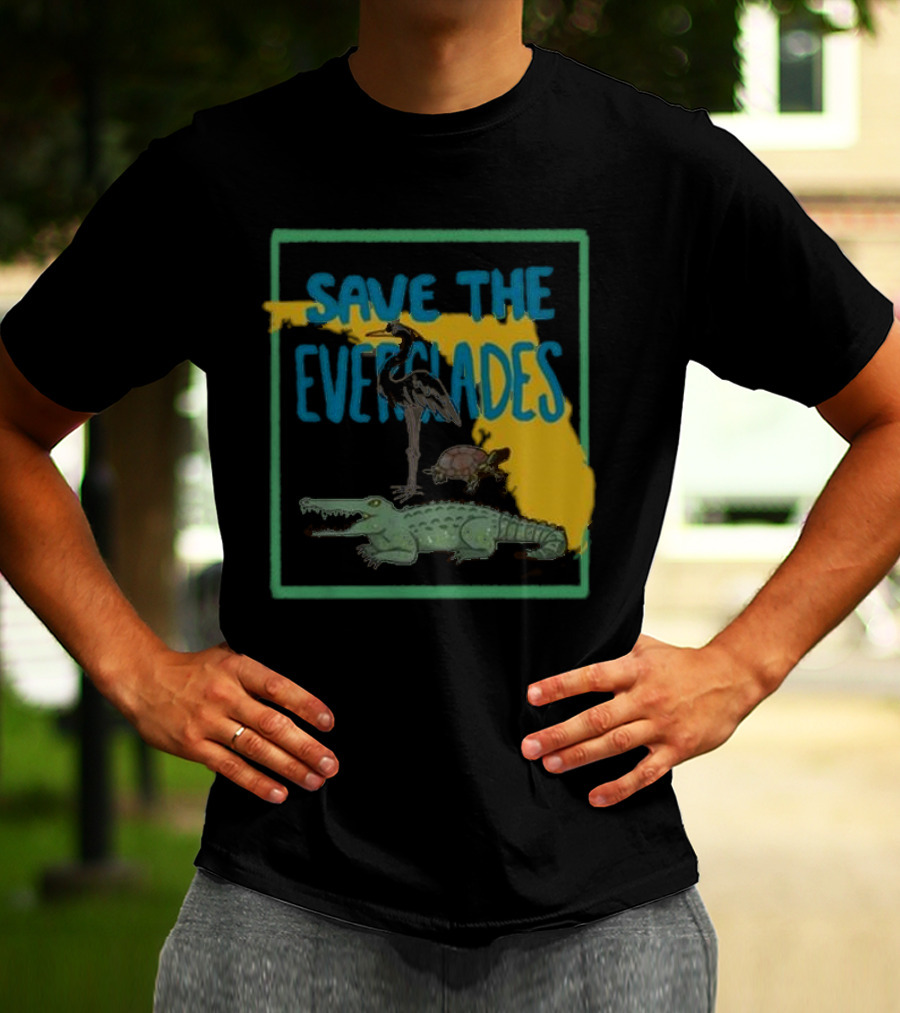 Gators Daily Save The Everglades Florida Map With Alligator, Heron, And Turtle T-Shirt
