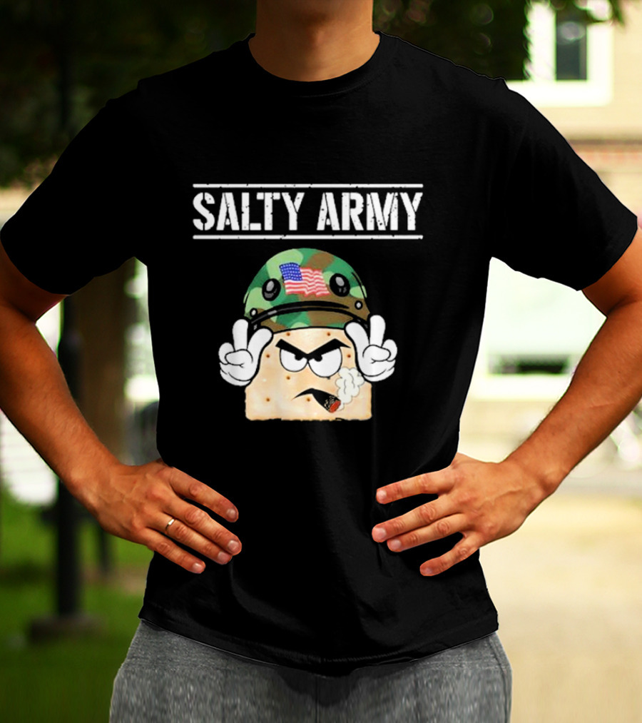 Salty Army Cracker With Camouflage Helmet Smoking Cigarette T-Shirt