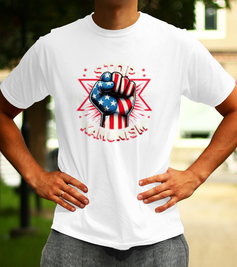 Stop Kamunism American Flag Fist With Stars And Red Stripes T-Shirt