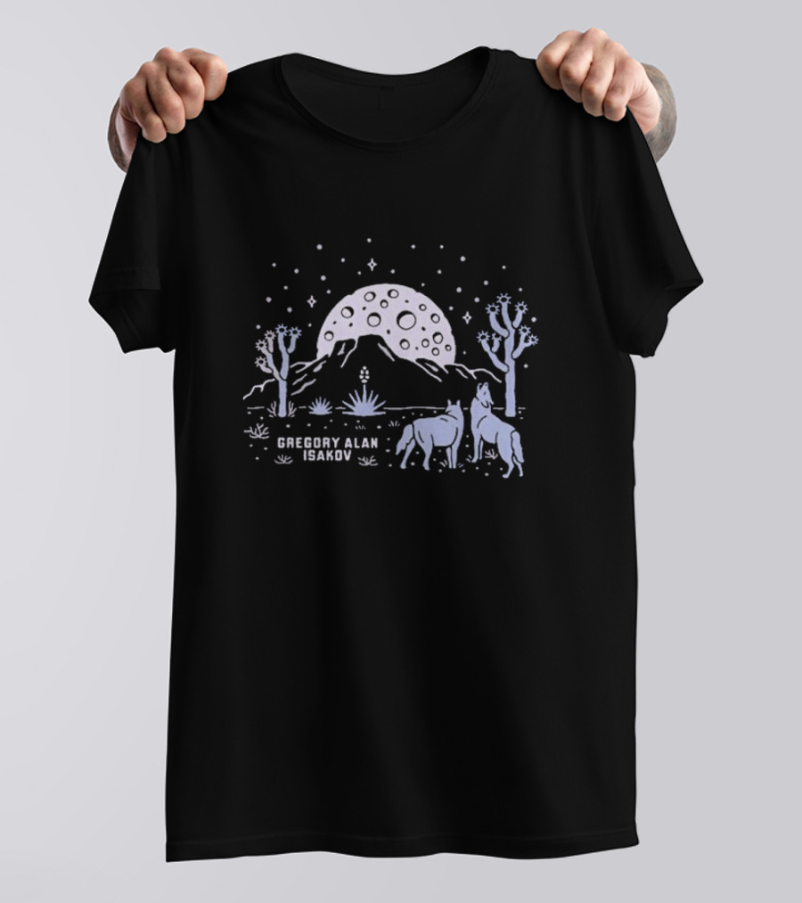 Gregory Alan Isakov Full Moon In Joshua Tree Desert Night With Horses And Cacti T-Shirt
