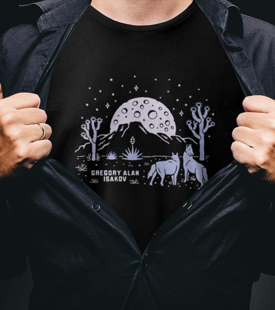 Gregory Alan Isakov Full Moon In Joshua Tree Desert Night With Horses And Cacti T-Shirt