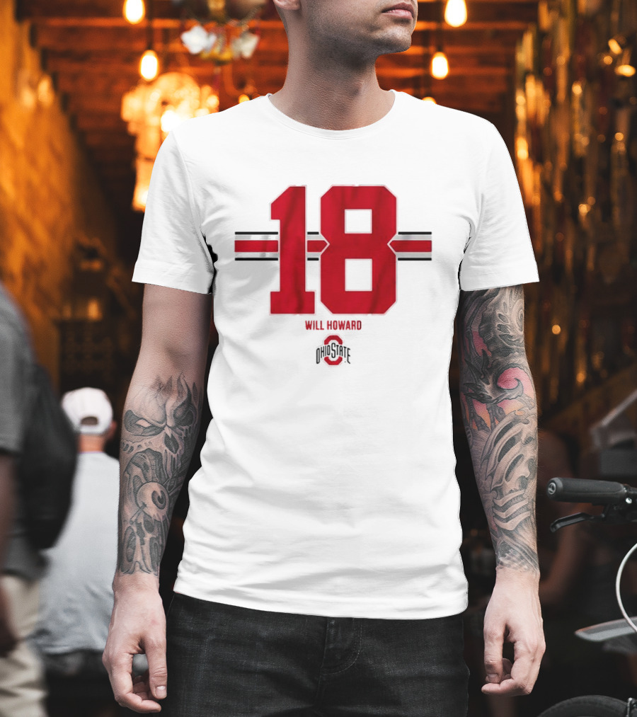 Ohio State Buckeyes Football Will Howard 18 Ohio State Logo Stripe T-Shirt