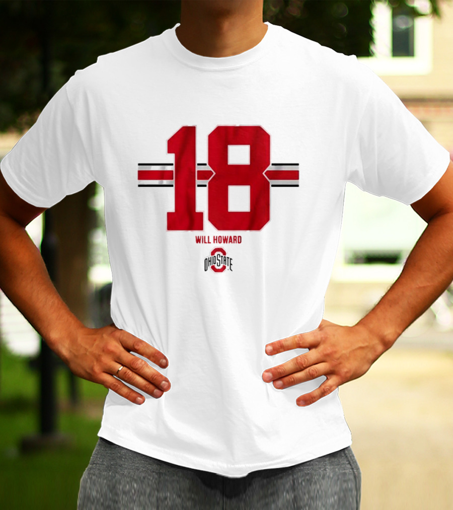 Ohio State Buckeyes Football Will Howard 18 Ohio State Logo Stripe T-Shirt