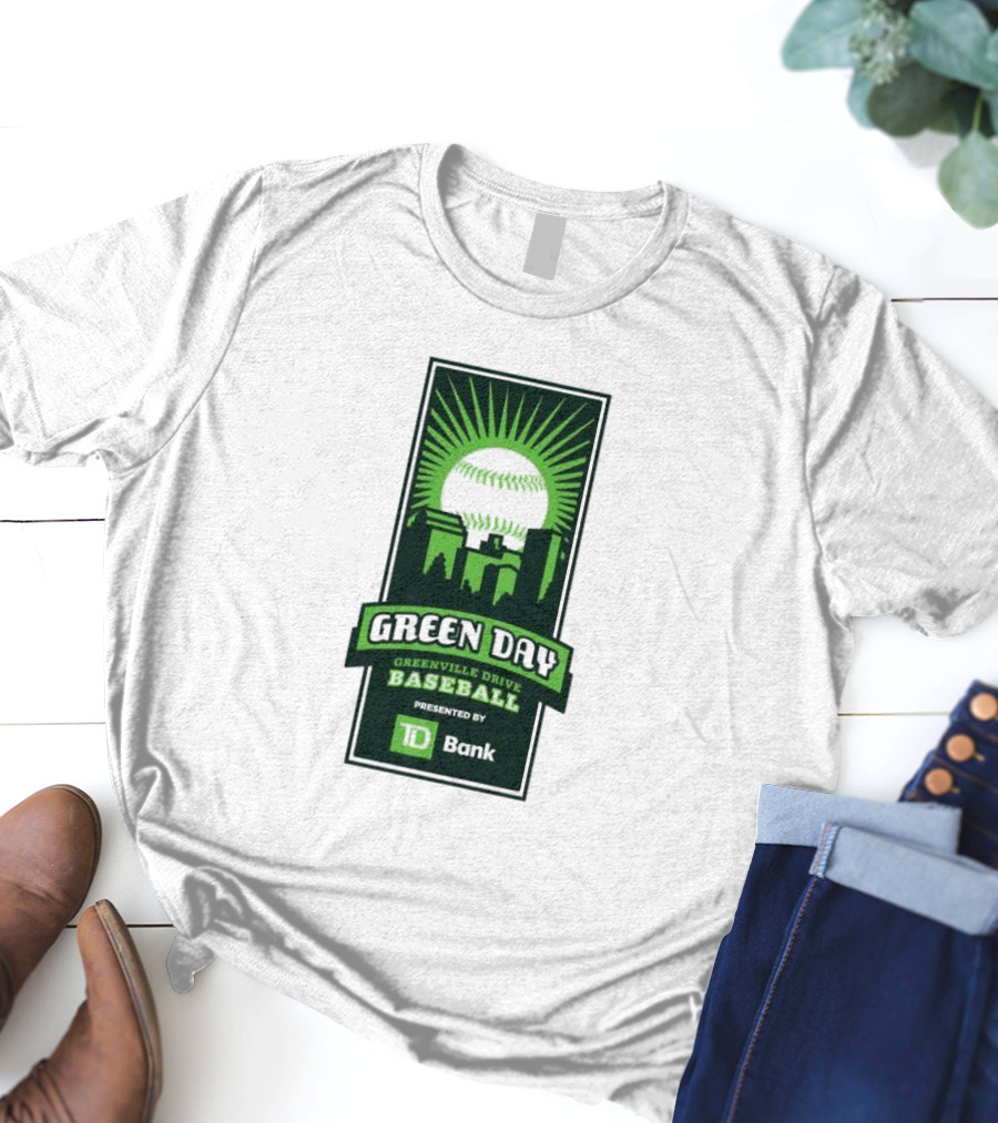 Green Day Greenville Drive Baseball Presented By TD Bank Skyline Baseball Sunburst T-Shirt