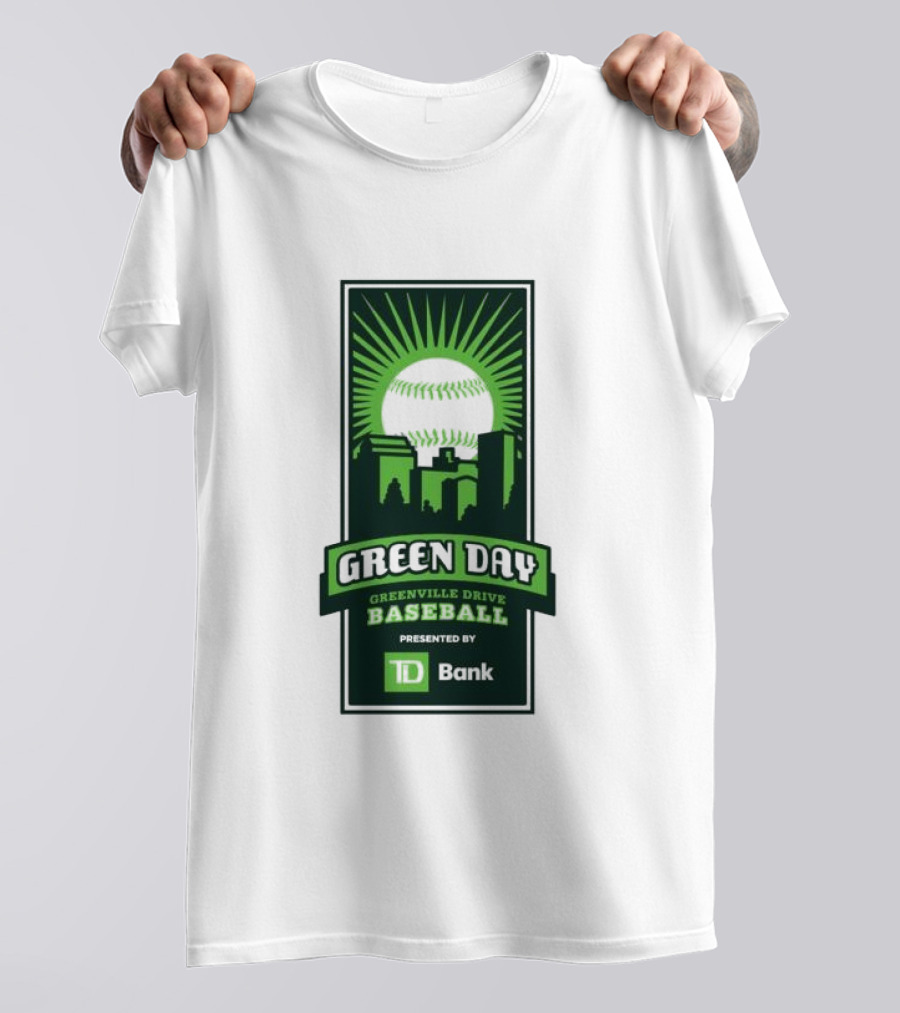 Green Day Greenville Drive Baseball Presented By TD Bank Skyline Baseball Sunburst T-Shirt