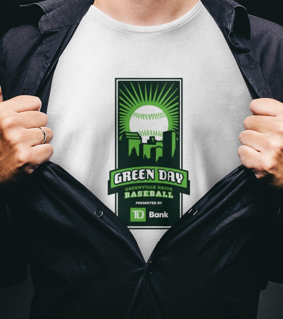 Green Day Greenville Drive Baseball Presented By TD Bank Skyline Baseball Sunburst T-Shirt