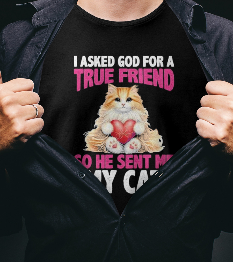 I Asked God For A True Friend So He Sent Me My Cat Fluffy Cat With Heart T-Shirt