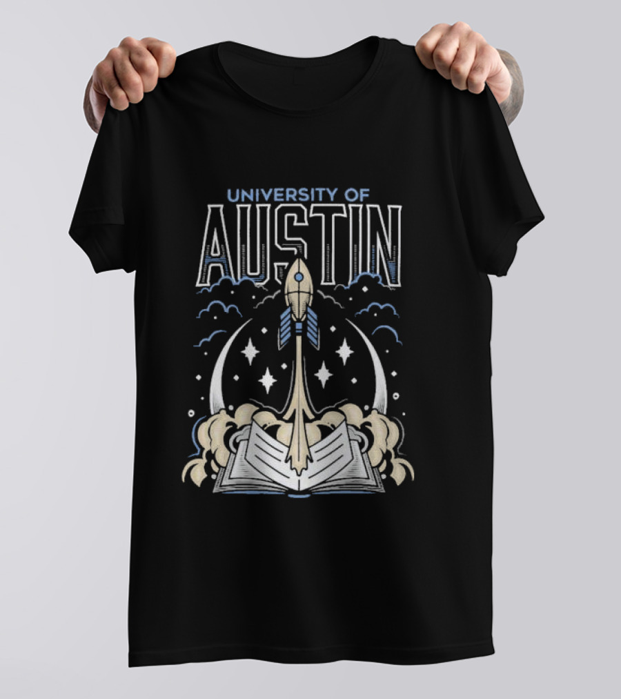University Of Austin Rocket Book Imagery With Stars And Clouds T-Shirt