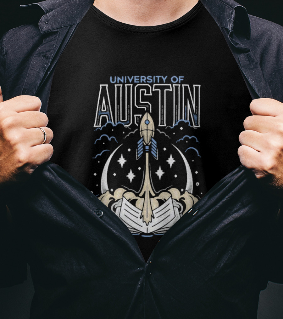 University Of Austin Rocket Book Imagery With Stars And Clouds T-Shirt