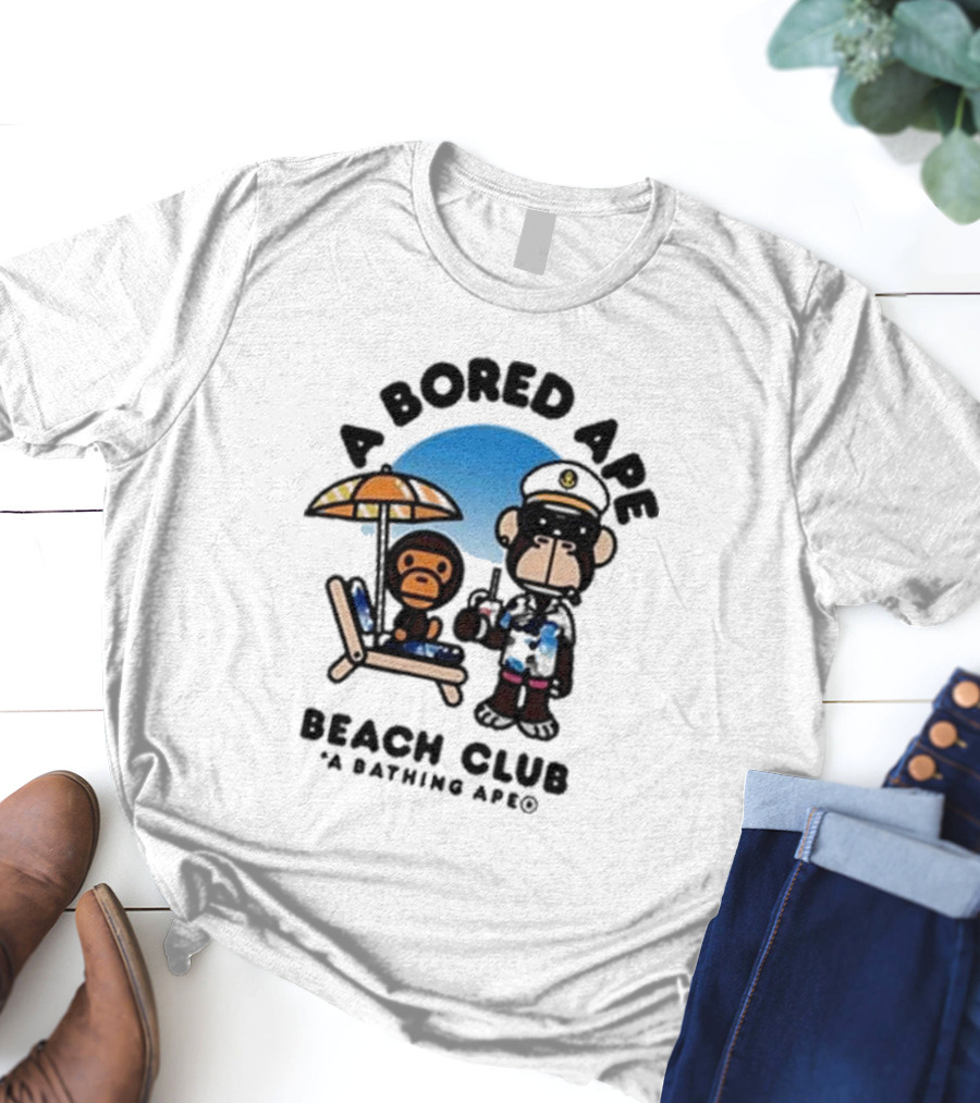 A Bored Ape Beach Club A Bathing Ape Officer And Relaxing Ape Scene T-Shirt