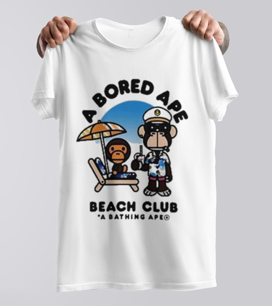 A Bored Ape Beach Club A Bathing Ape Officer And Relaxing Ape Scene T-Shirt